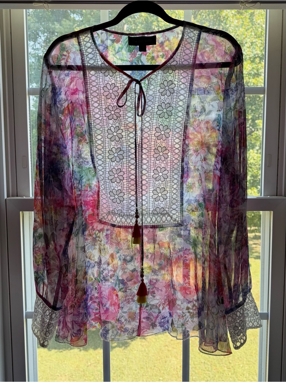 Tadashi Shoji Sheer Floral Blouse Lace Beaded Tassle Tie Cottagecore Boho Garden